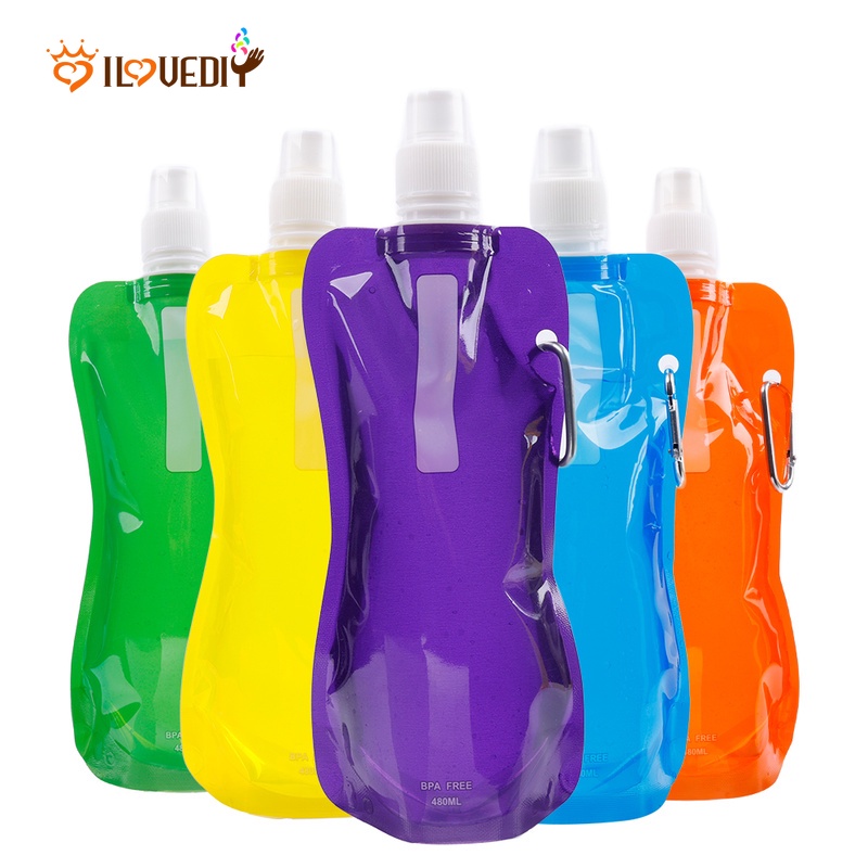 Botol Minum Lipat Ringan 480ml Warna Polos Ramah Lingkungan Untuk Olahraga / Bersepeda / Camping / Travel / Outdoor