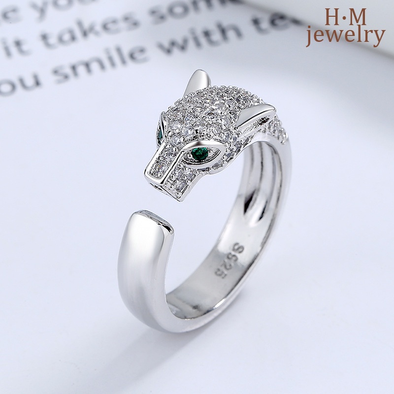 Cincin Desain Kepala Leopard Aksen Berlian Untuk Pria Dan Wanita