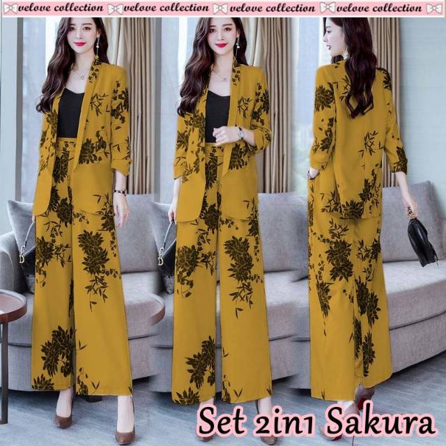 MIA STORY FASHION Setelan Motif Bunga 5 Warna One Set Cardy + Celana Super Cantik Setelan Wanita Kekinian-1