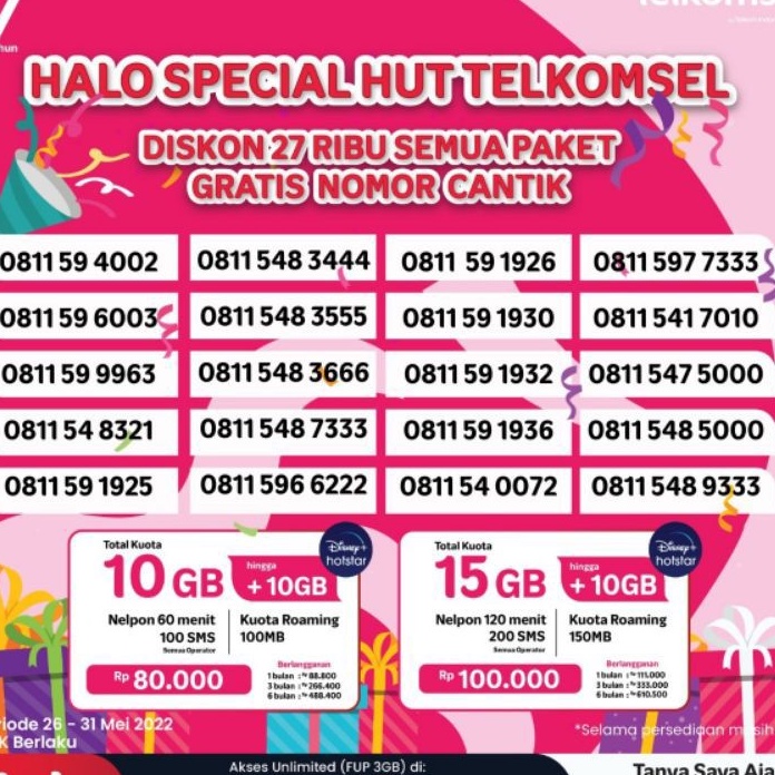 promo no cantik telkomsel 10/11digit