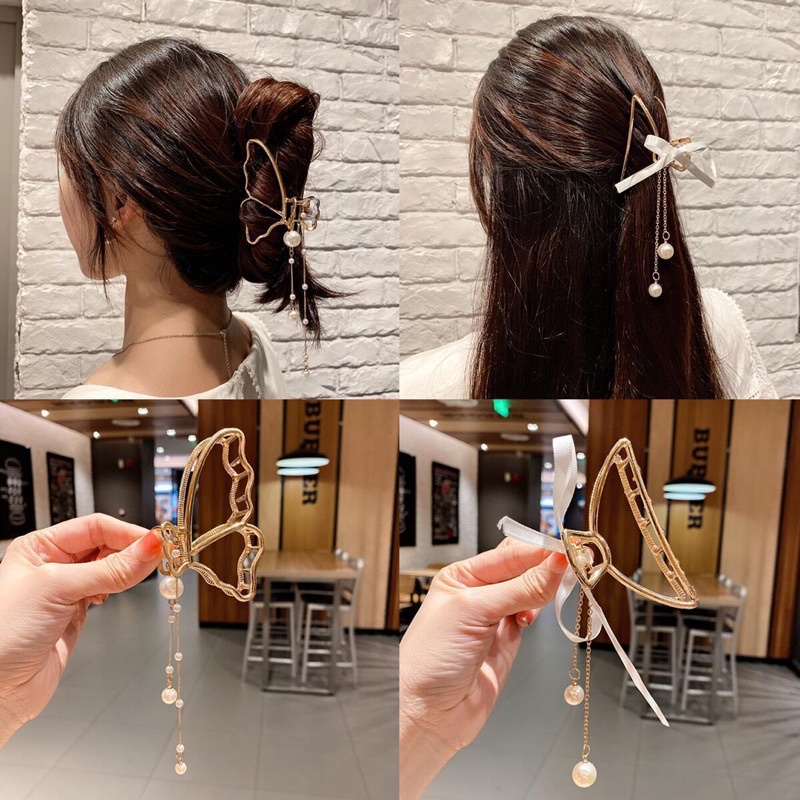 Delunashop_Acc  jepitan rambut jedai jepit rambut Korean Square Acrylic Hair Claw Clip girl Women Fashion Gold Geometric Hairpin Pita Mutiara jedai besi