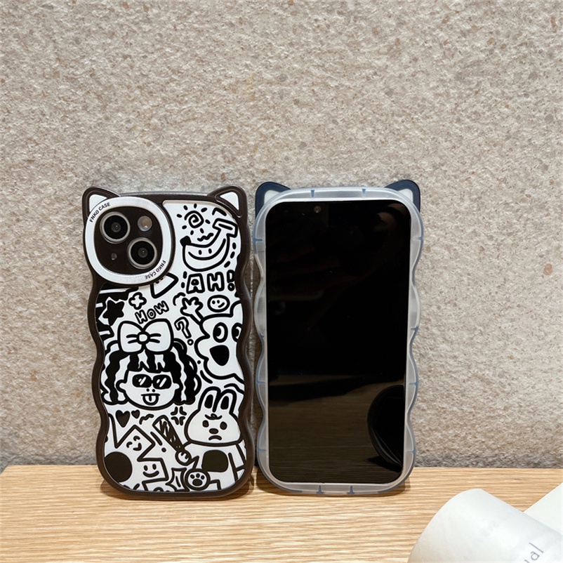 Soft Case Casing Compatible for iPhone 14 13 12 11 Pro Max X Xr Xs Max Se 2020 iPhone 6 7 8 Plus Funny Cartoon Cat Ear Graffiti Four-corner Shatter-resistant Clear Phone Case Anti-fall silicone Protective soft shell