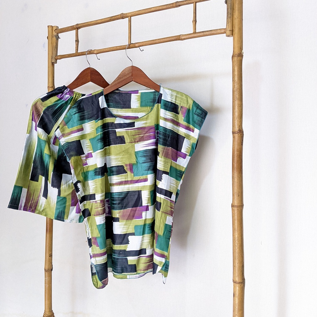 Baju Tidur Tanpa Lengan Piyama Krill Setelan Midi Homewear Homey Dress Baby Doll Dewasa Nyaman Di Rumah Santai WFH Rayon One Set Pajamas-abstract dark green