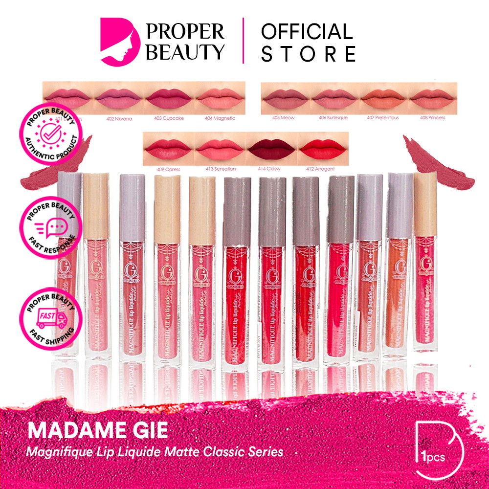 MADAME GIE Magnifique Lip Liquide Matte Classic Series Indonesia / Primer BB Foundation Loose Powder Lipstick Eyeshadow Blush On Eyeliner Eyebrow Mascara Lipstick Gloss Balm Kutek / Facial Wash Toner Essence Serum Sunscreen Cream Mask Masker Lipill Paket