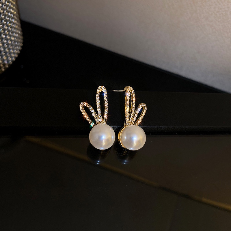 Anting 925 Silver Needle Bentuk Telinga Kelinci Aksen Mutiara Berlian Gaya Korea Untuk Wanita