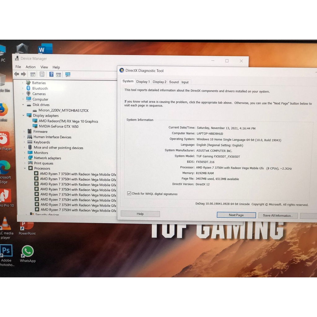 Laptop Leptop Laptop  Gaming Desain TUF GAMING AMD RYZEN 7 GTX 1650 Ram 8 gb Ssd 512 gb Vga Nvidia Geforce GTX 1650 4 gb Garansi Rasmi Panjang sampai 2023i