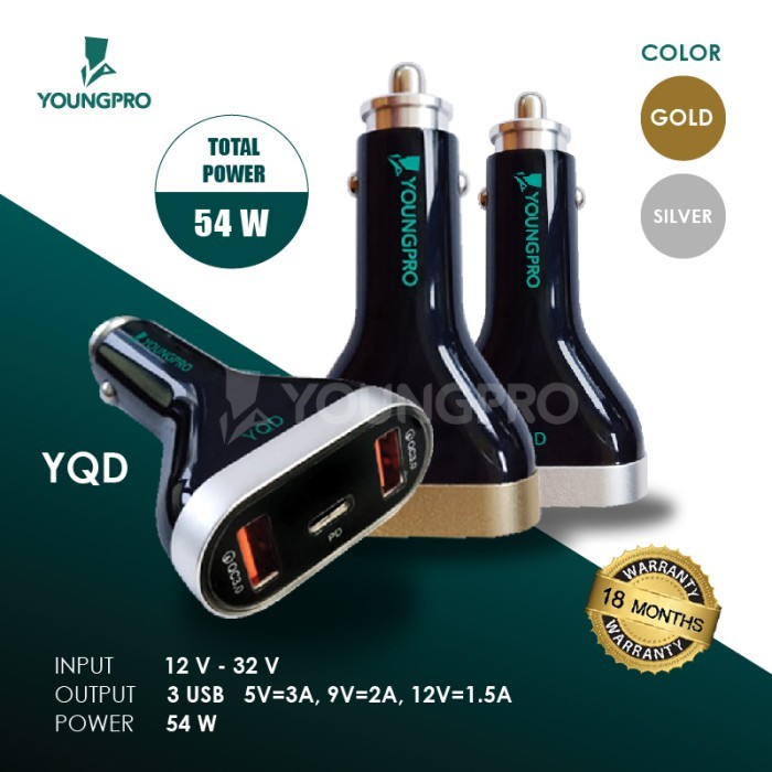 YOUNGPRO Car Charger Quick Charger QC 3.0 1 Port Power Delivery charger mobil cepet penuh