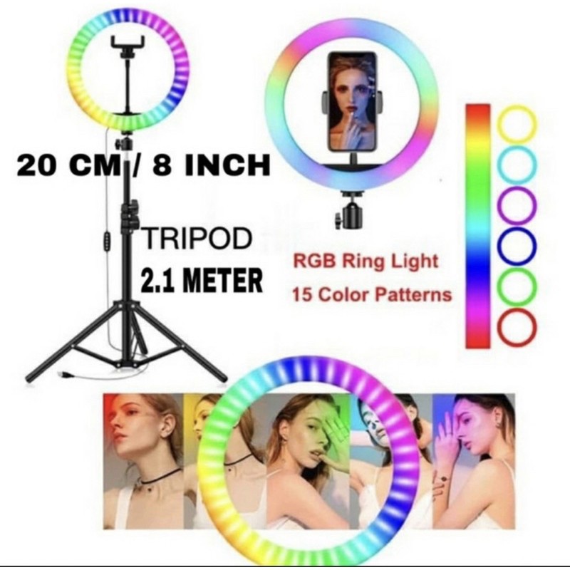 RING LIGHT RAINBOW RGB + TRIPOD STAND 2.1M LIVE TIKTOK YOUTUBER - BC