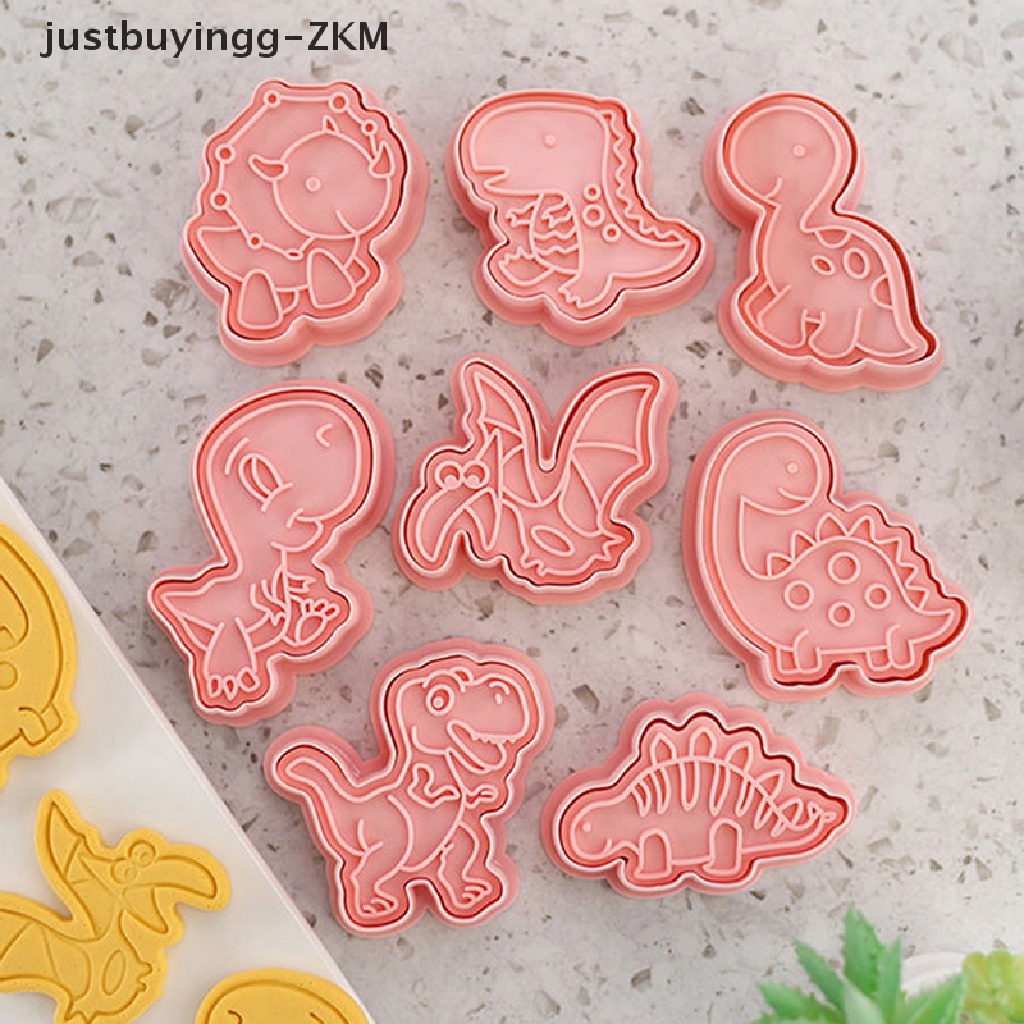 8pcs / Set Cetakan Pemotong Kue / Biskuit Bentuk Kartun Dinosaurus 3D Bahan Plastik Model Tekan Untuk Dapur Cetakan Kue DIY