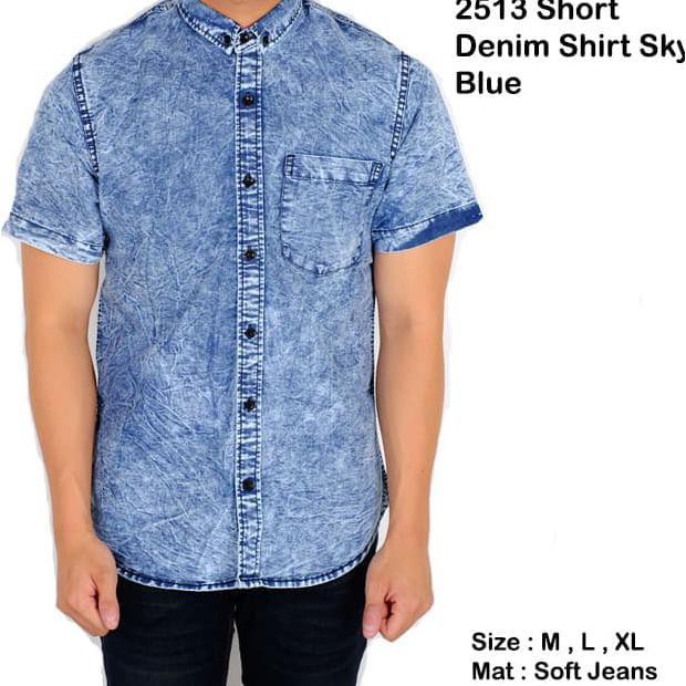 kemeja denim pria lengan pendek slimfit / baju denim cowok polos slim