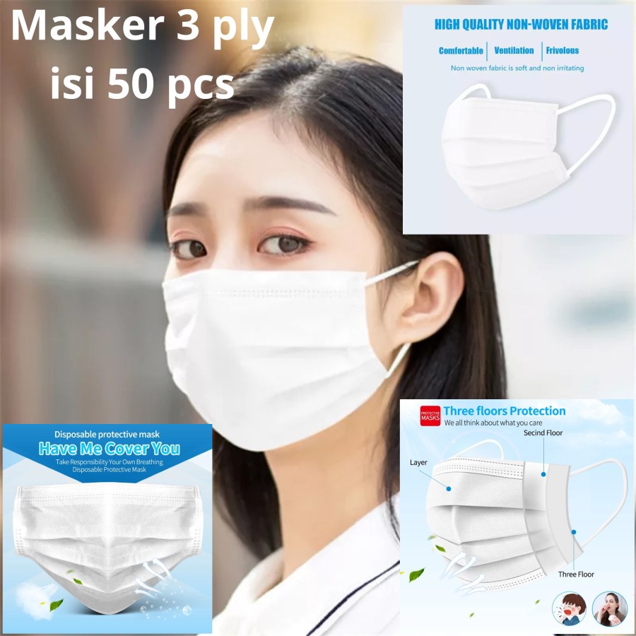 Masker 3 Lapis Putih Dewasa Earloop Higienis Korean Style Penutup Mulut Hidung isi 50 / Box