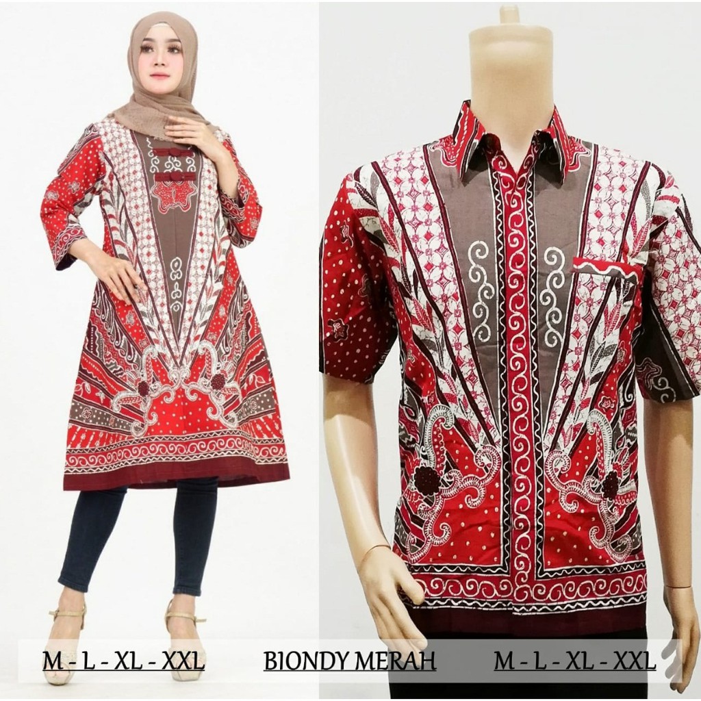 Set Couple Sarimbit Keluarga Lebaran Tunik Batik Muslim 2454 Biondy Merah
