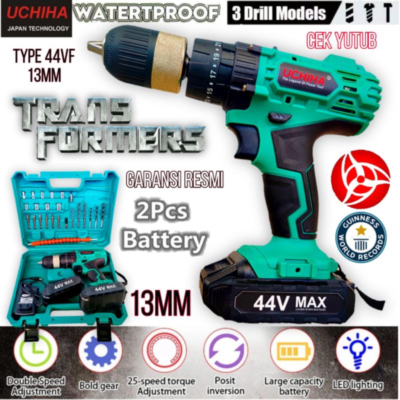 Mesin bor baterai 13mm uchiha type 44vf cordless impact drill beton besi kayu tembok fulset Japan te