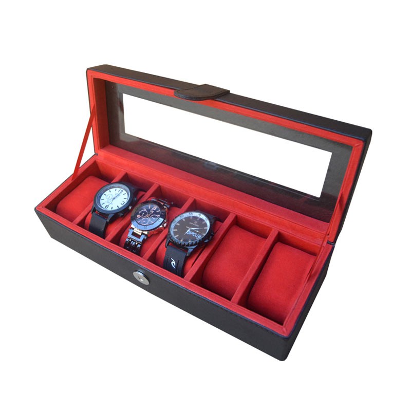 Kotak Jam /Box Jam / Tempat Penyimpanan Jam / Watch Box Oraganizer isi 6 Hitam Merah