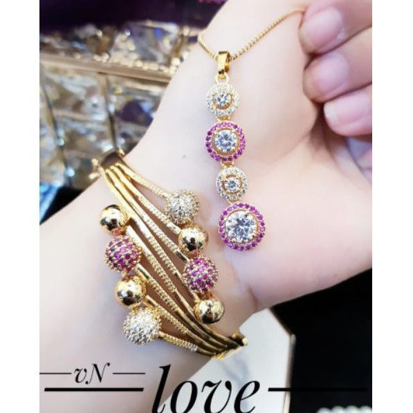 (NOV) Set Perhiasan Lapis Emas Gelang Ranting Kalung Permata Ungu Pink Xuping Gold Titanium Realpic