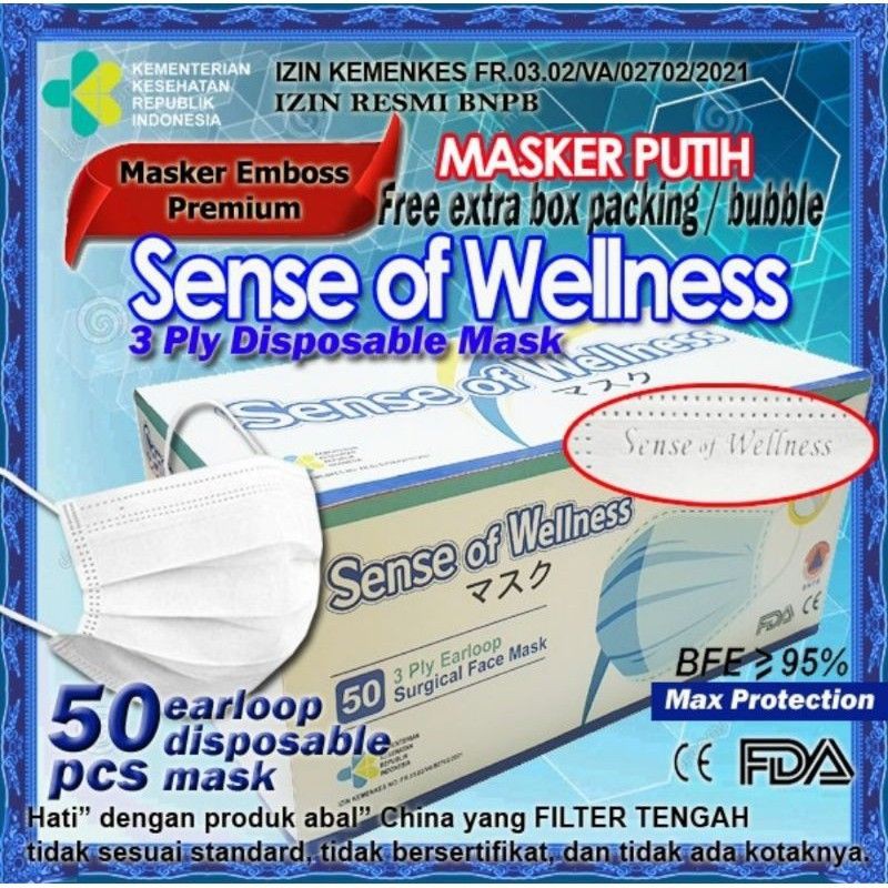 Masker Bernafas 3 ply Earloop SENSE OF WELLNESS Original ada Emboss PUTIH isi 50 pcs/box dari Medan