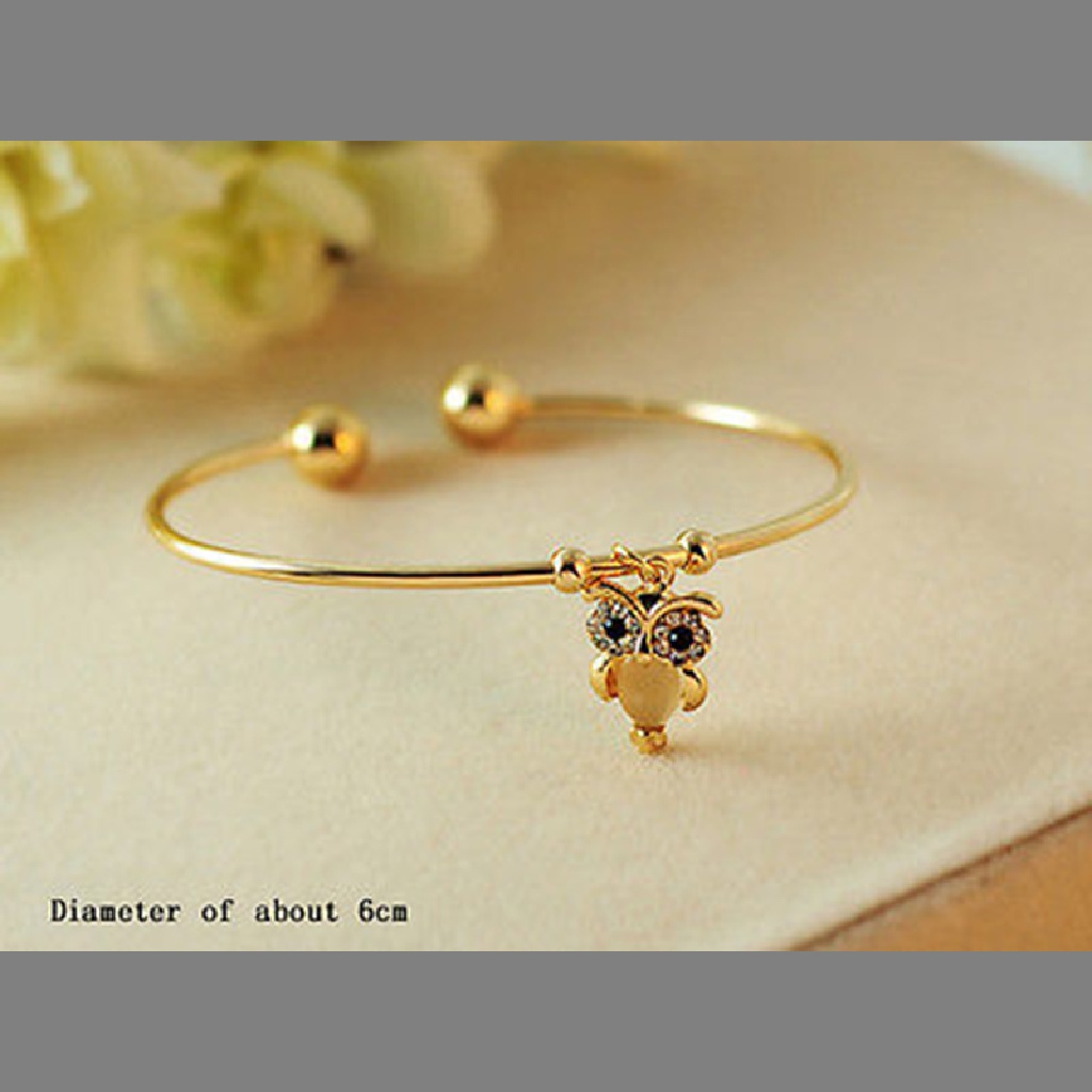 Newbaby Gelang Bangle Cuff Desain Burung Hantu Hias Berlian Imitasi Warna Silver / Gold Untuk Wanita