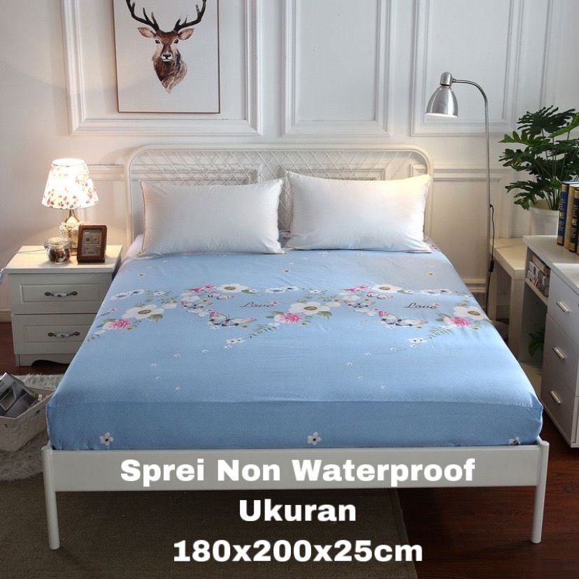 SPREI WATERPROOF UKURAN 180X200X25cm / SPREI ANTI AIR-BIRU FLOWER