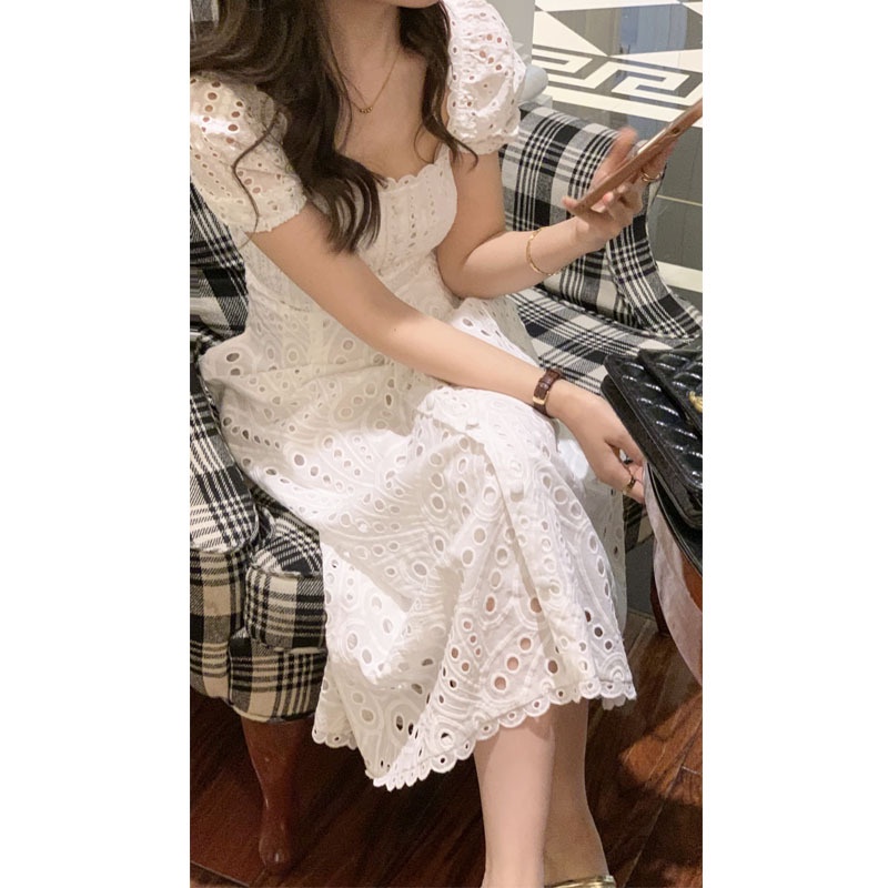 Nico##eyelet dress / Dress Korean Import / Musim Panas Camellia / Bahasa Perancis Square Kerah Bordir Renda Berongga Tea Break Panjang