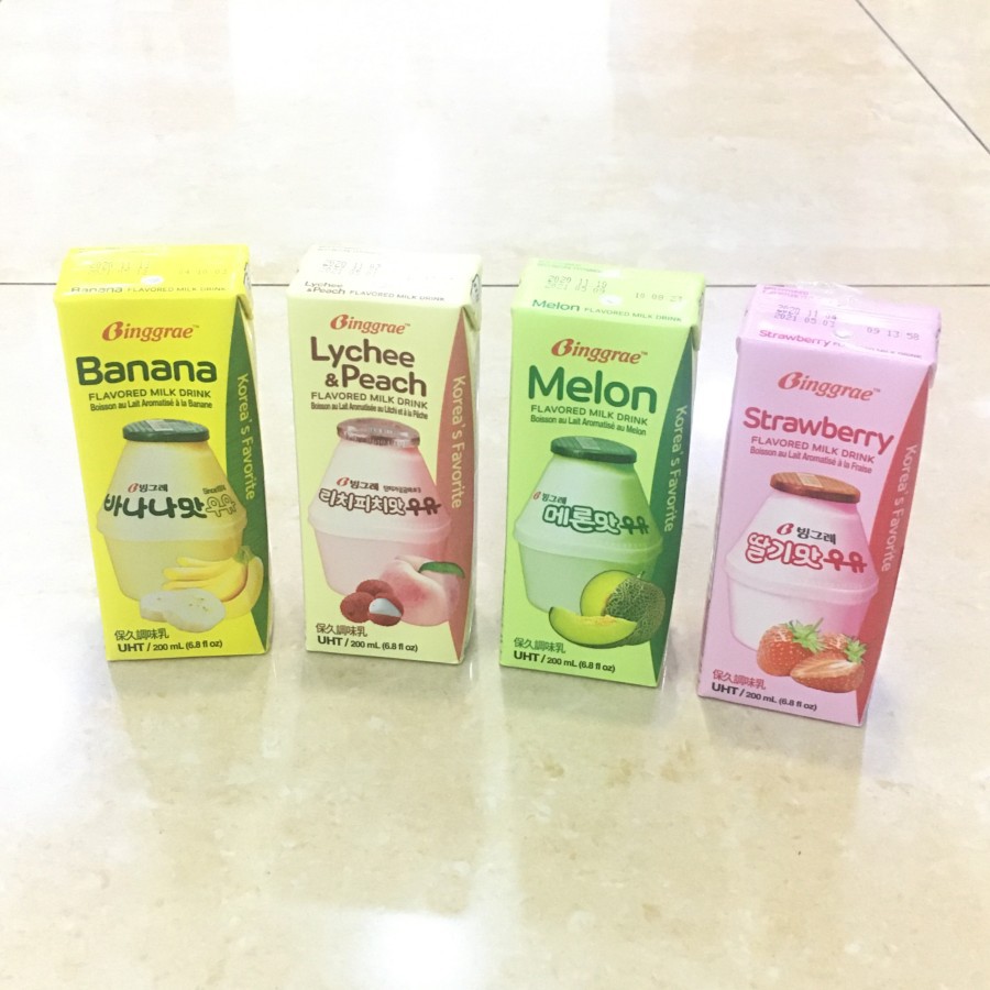 Binggrae Milk Drink Strawberry / Banana / Melon / Lychee / Peach 200ml Bingrae Susu Pisang