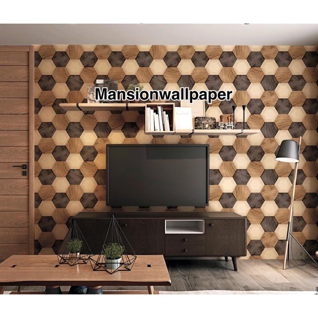 Wallpaper Dinding Kotak Kayu 3D Hitam Coklat Putih Heksagonal Modern