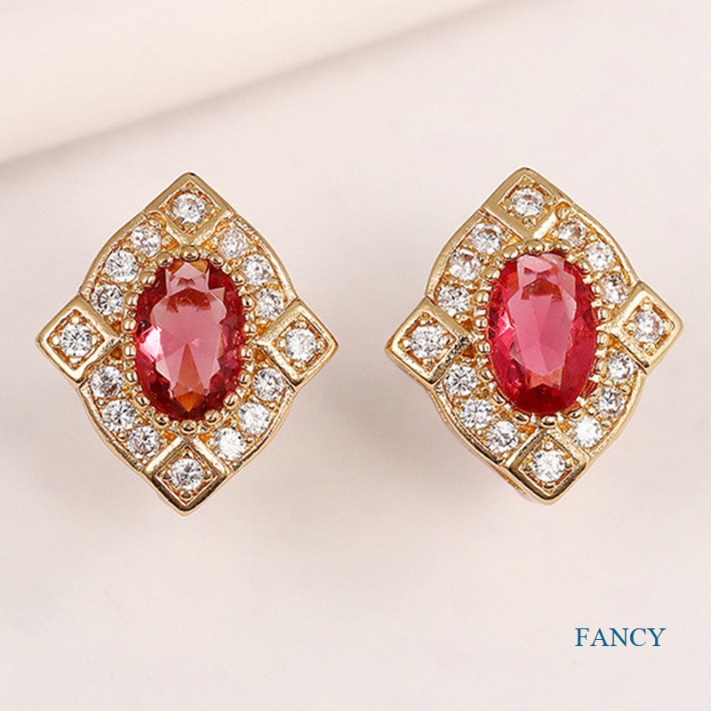 Anting Stud Cubic Zirconia Warna Merah Gaya Vintage Untuk Wanita