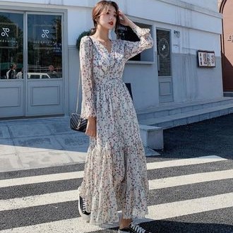 Long dress maxi wanita sifon lengan panjang V-neck motif bunga rok model rufle
