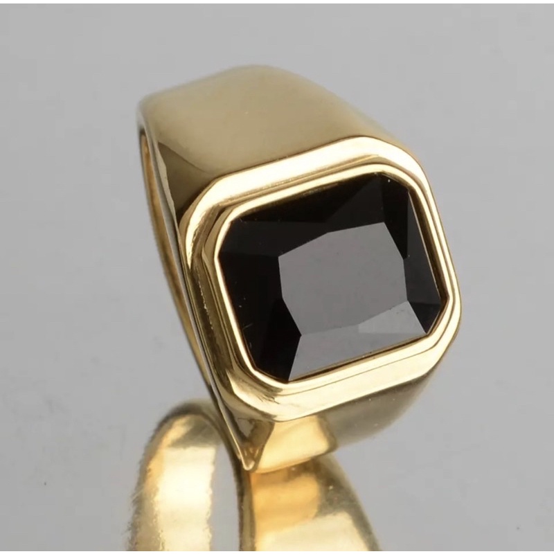 Cincin Pria Octagon Minimalis Batu Hitam Ring Gold Titanium Stainless Steel Anti Karat Tahan Luntur