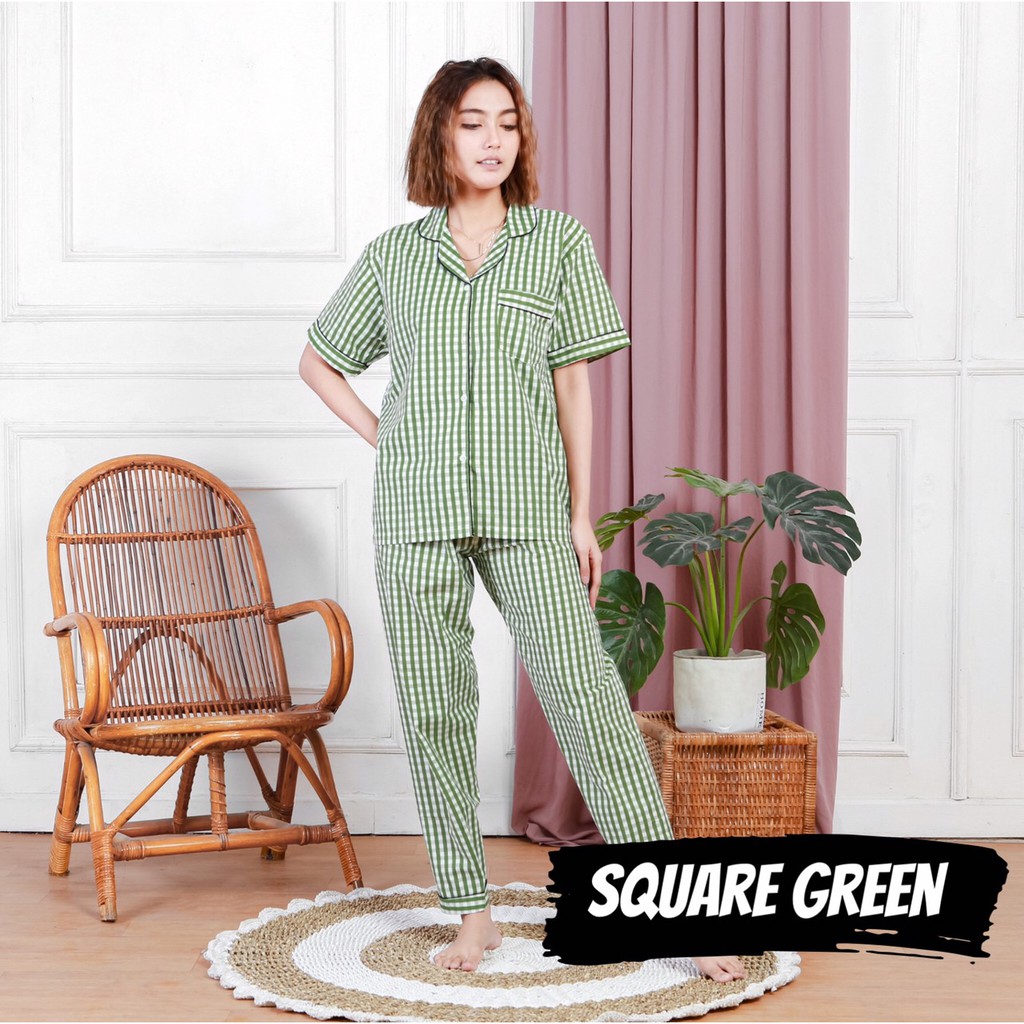 PIYAMA WANITA KATUN GARIS KOTAK POLOS / SQUARE VERTICAL baju tidur pajamas dewasa