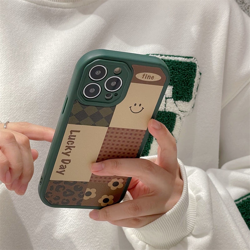 Soft Case Motif Smiley Face Kotak-Kotak Hijau Untuk IPhone 12 13 11 Pro Max X Xs Max Xr 6710