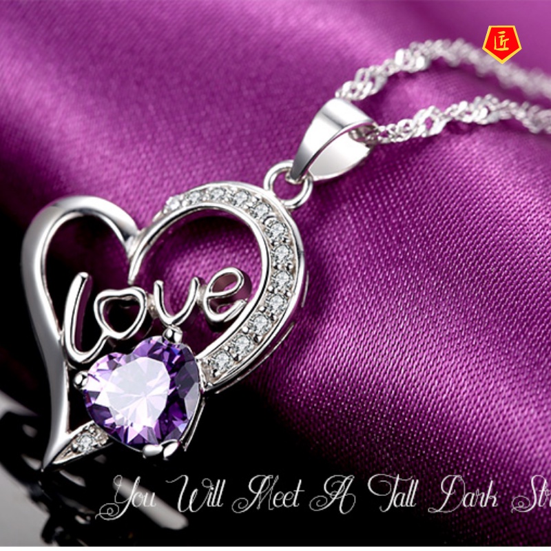 [Ready Stock]Silver Amethyst Love Necklace Women's Heart-Shaped Pendant for Birthday Gift