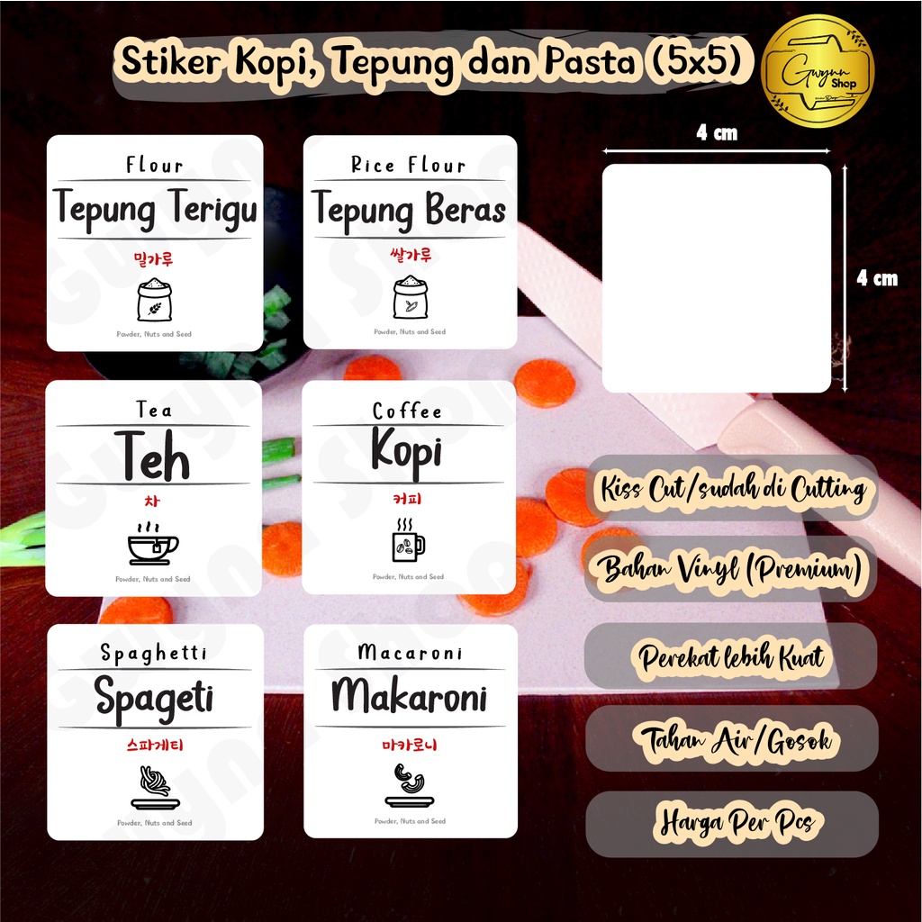 

Label Stiker Kopi, Tepung, Pasta, dll Waterproof (5x5 cm)