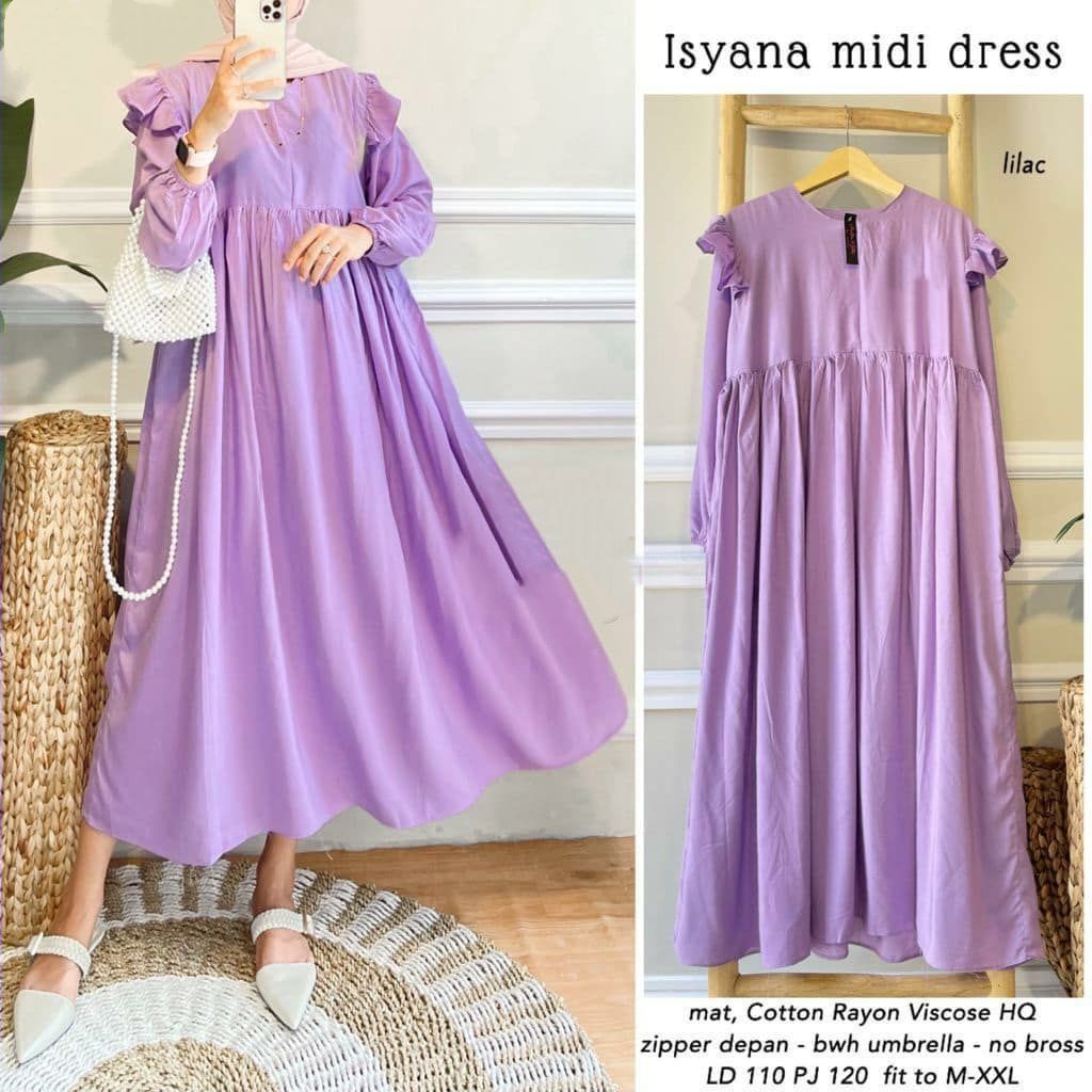 Midi Dress Isyana / Gamis Wanita Terbaru Kekinian / Midi Dress Katun Rayon Polos Premium