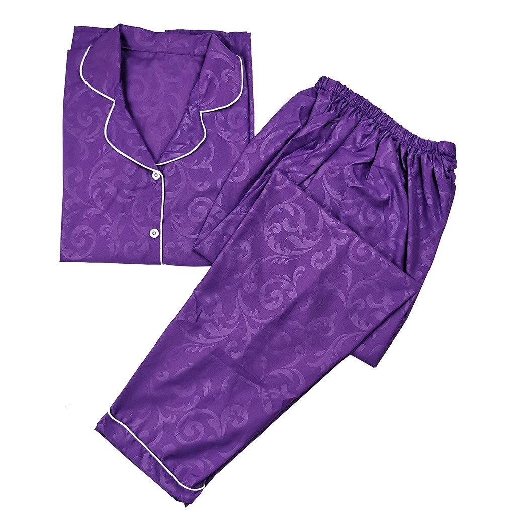 PIYAMA DEWASA JUMBO CP LD 120 cm big size lengan pendek celana panjang lucu-embos purple 115