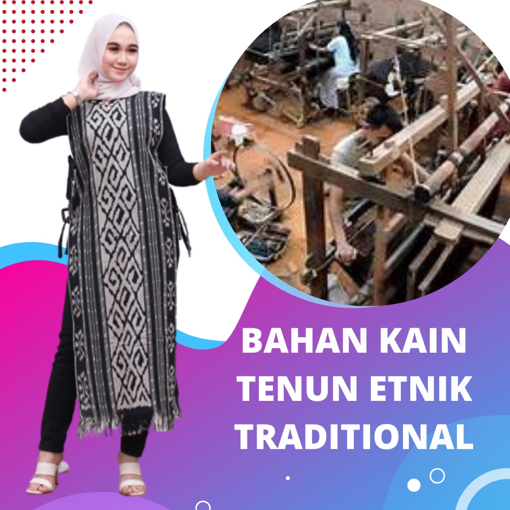 Long Vest Outer Wanita Muslim Hitam Putih Tenun Etnik Baju oter Muslimah Rompi Panjang Tanpa Lengan-1