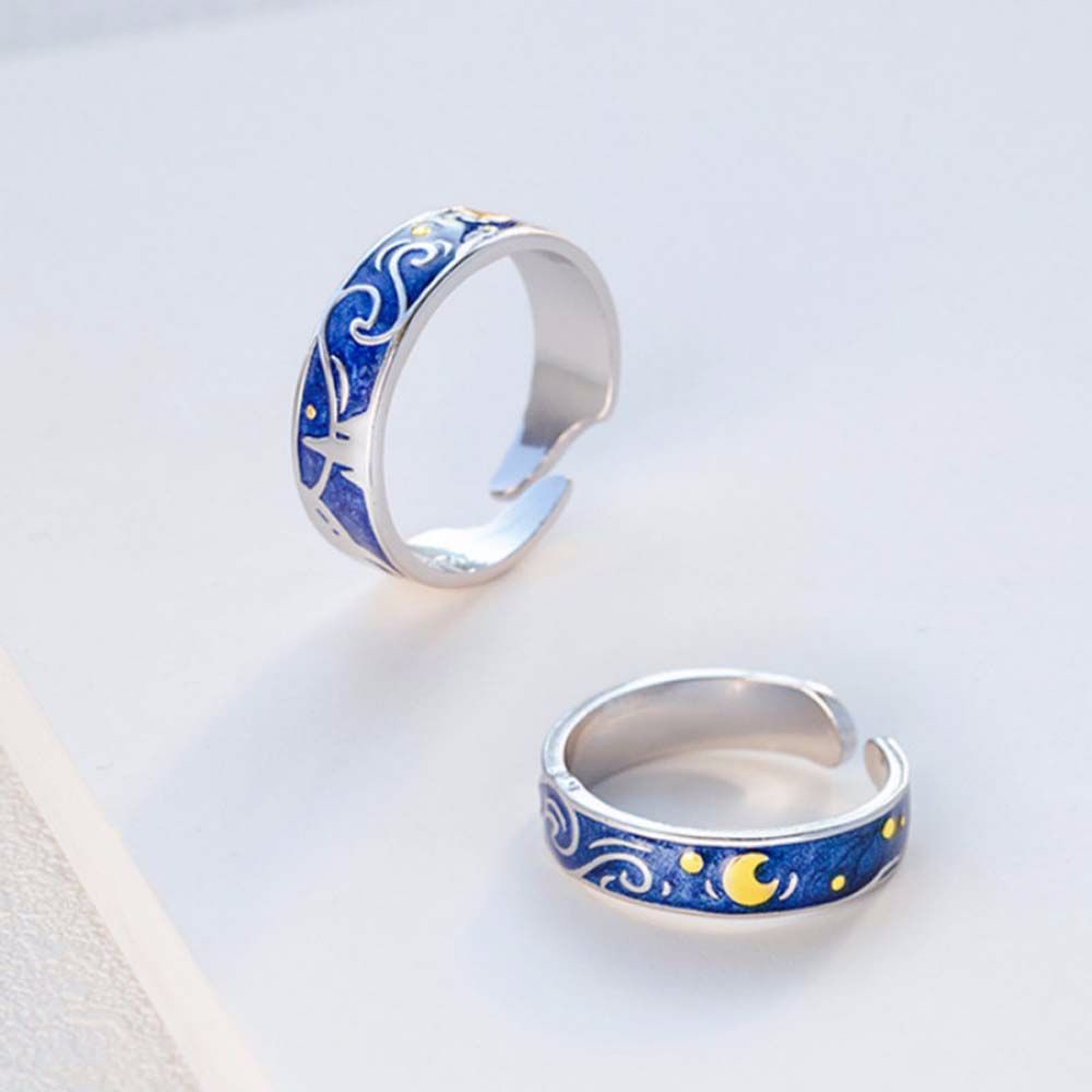 Needway  Romantic Open Rings Vintage Moon Starry Night Couple Rings Matching Lovers Van Gogh Starry Sky Men Silver Color Adjustable Fashion Jewelry