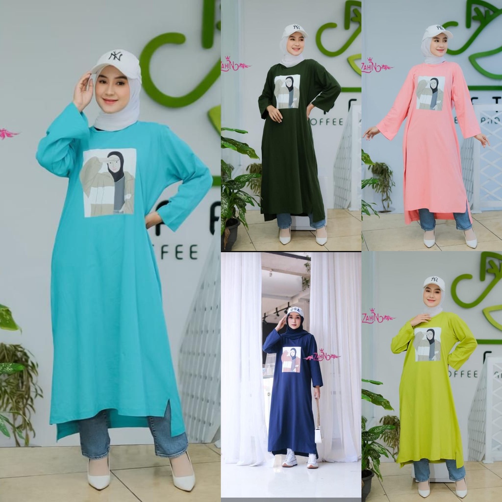 Kaos Midi Dress zahin combed dan Alina set outher mutiara mewah terbaru gamis wanita terkini