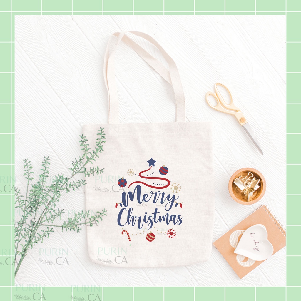 Tote bag dan POUCH Kanvas Natal Gambar MERRY CHRISTMAS Lucu