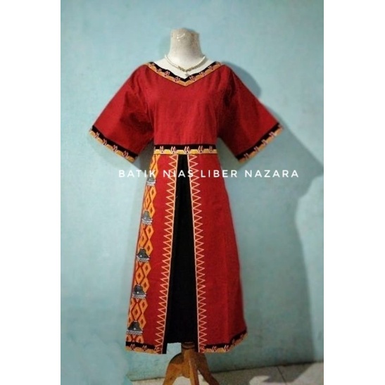 Batik Nias Dress Batik Merah Rumah Adat Jejer