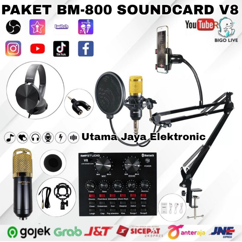 Paket Microphone BM800 Soundcard V8 Bluetooth Stand D6 Phone Holder Pop Filter