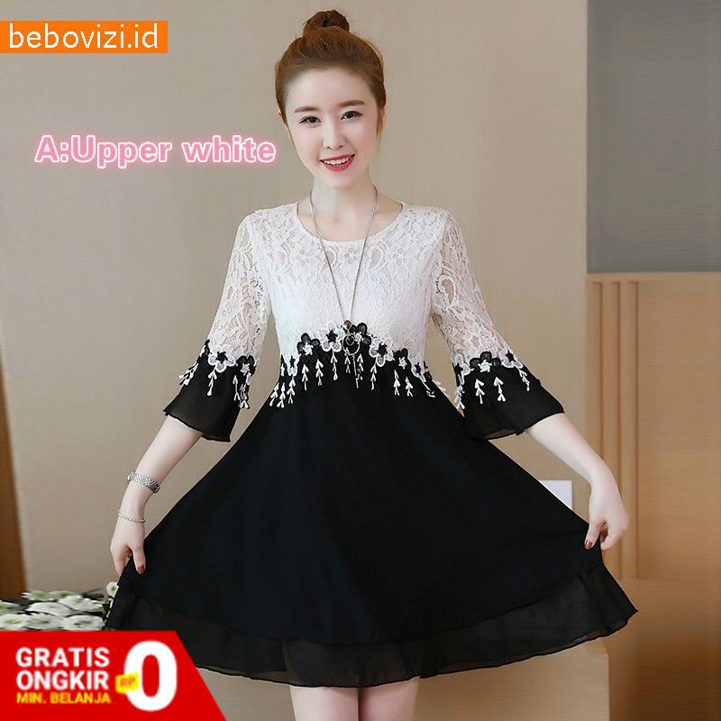 Dress Jumbo Midi Wanita Model Potongan Longgar Dan Bahan Lace Warna Hitam Putih Bergaya Korea