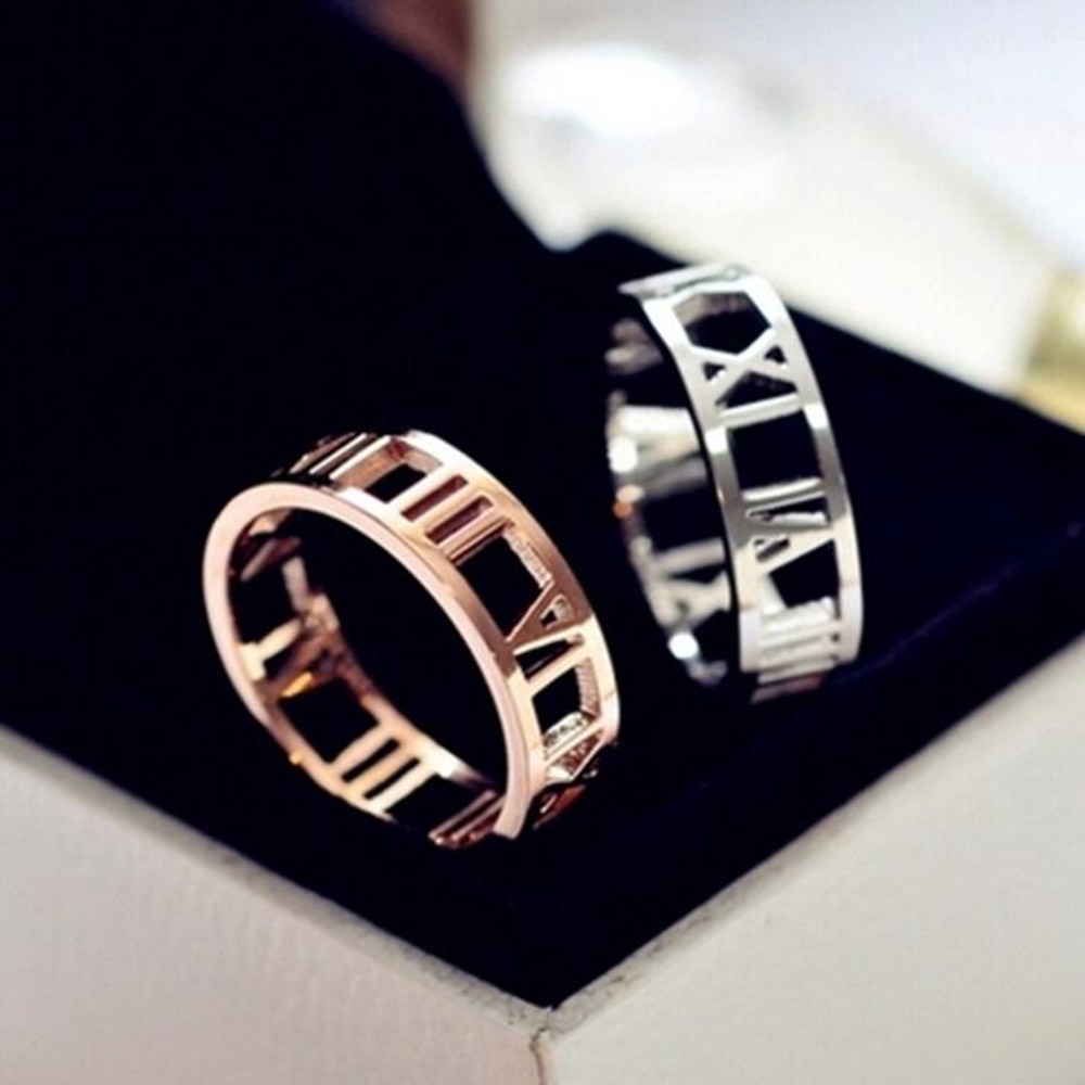 Cincin Pasangan Gaya Sederhana Korea Angka Romawi Pesona Mawar Emas Perak Baja Titanium Pria Wanita Fashion Perhiasan Couple Rings