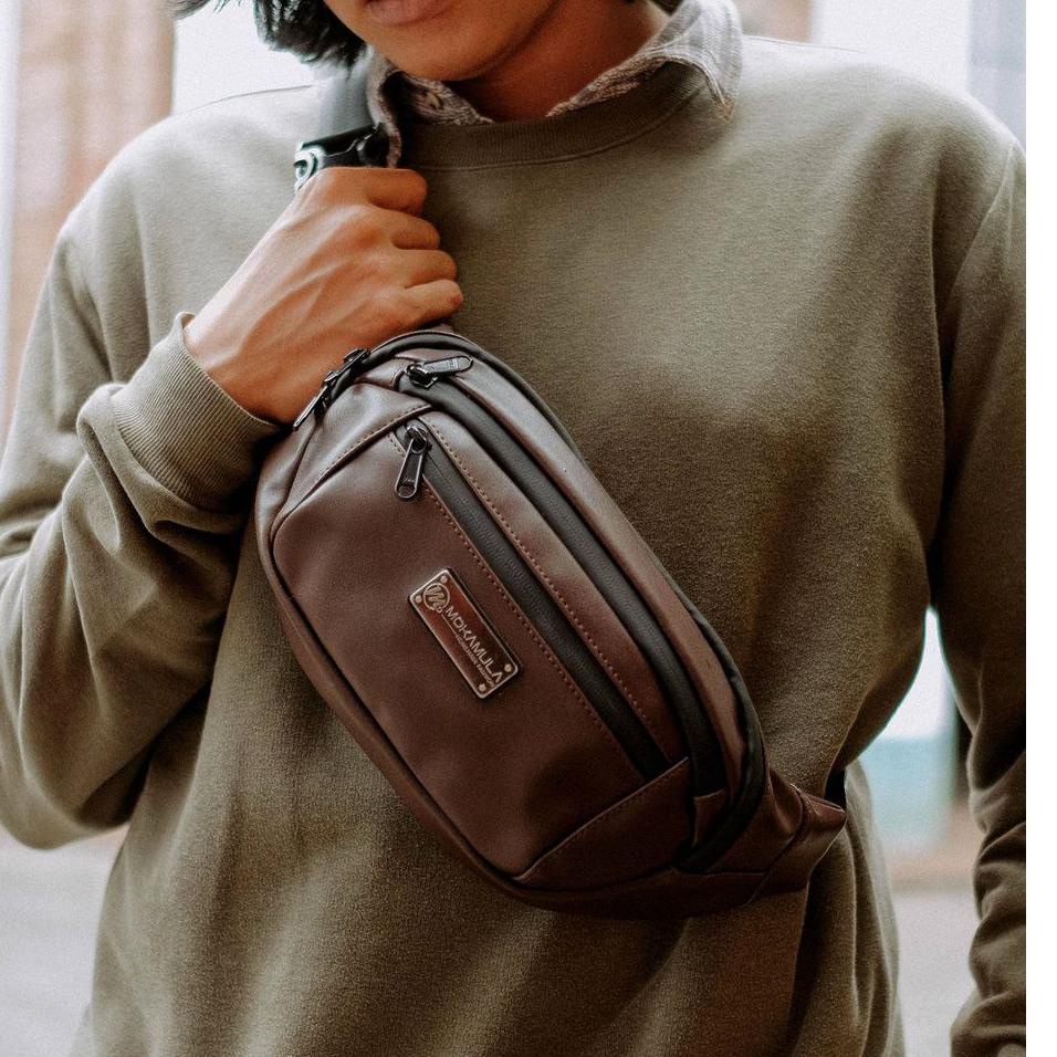 Terbaik.. Waistbag Pria Tas Pinggang Kulit Synthetic Premium - Snapper Mokamula