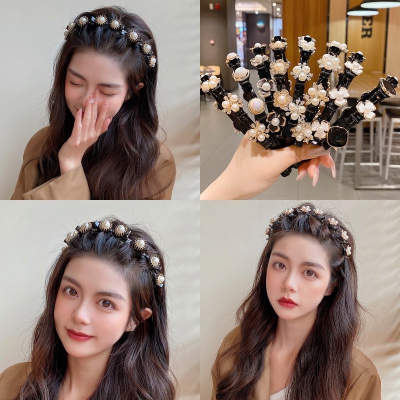 (VCM) Korea Fashion Ikat Kepala 2 in 1 Jepit Rambut Pola Kristal Mutiara Wanita Dewasa Rambut Hoop Jepit Rambut / bando jepit