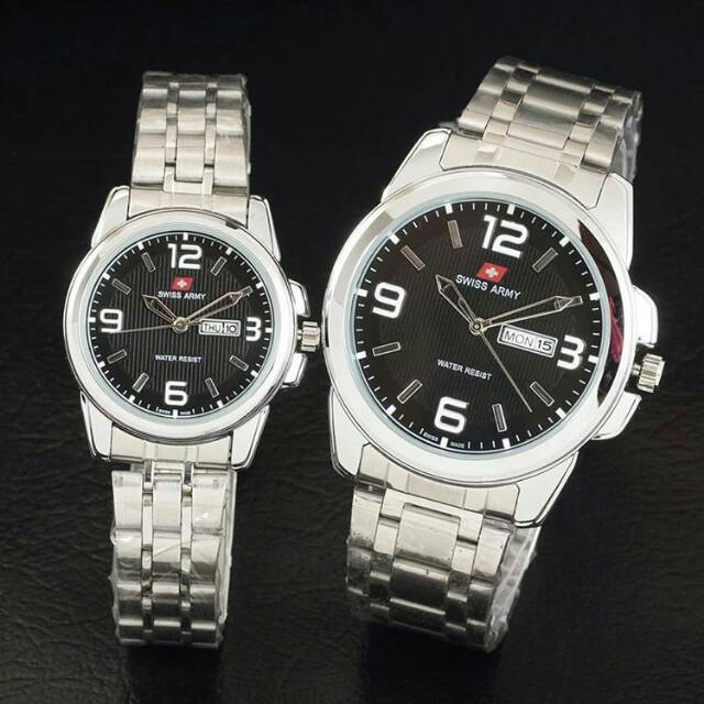Jam Tangan Couple Swiss Navy Day/Date On Silver Black
