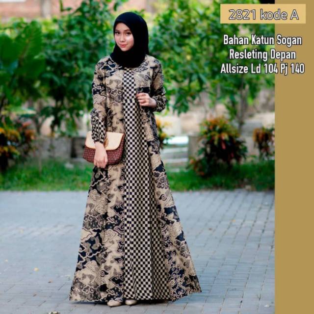 Gamis Batik Kombinasi Baju Muslimah Wanita All size Bahan Katun Halus