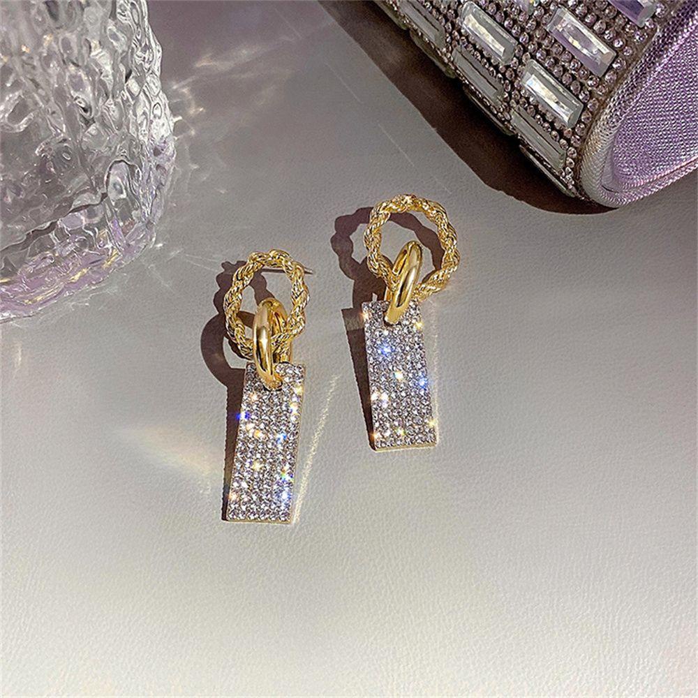 R-flower Square Crystal Earrings Aksesoris Pesta Pernikahan Baru Wanita Gadis Drop Earrings