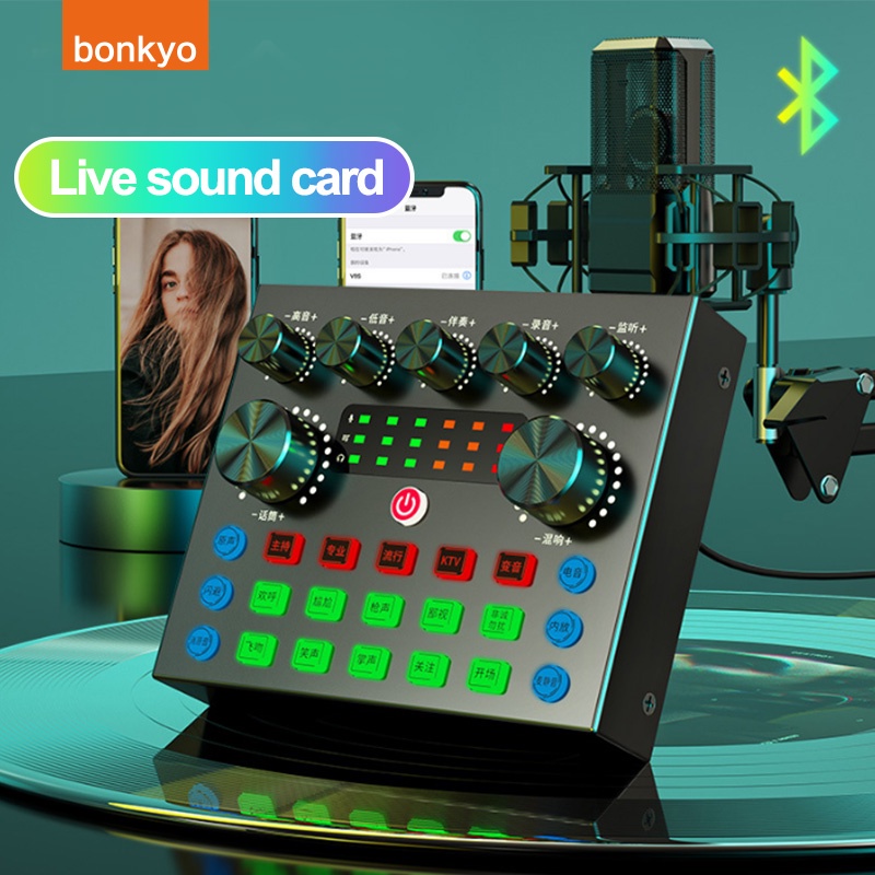 Bonkyo V8s Soundcard Audio Usb External Mixer Bluetooth Mic For Phone Pc Sound Card Live