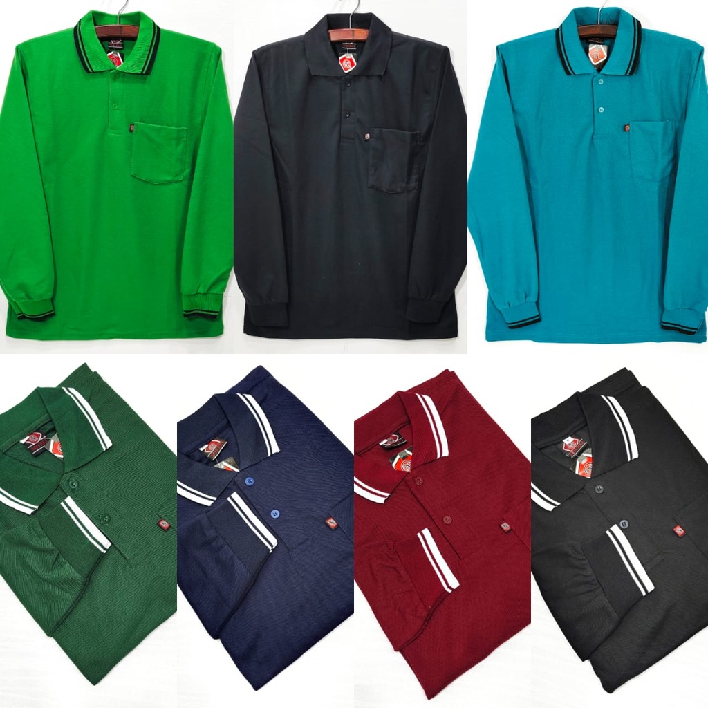 Kaos Polo Shirt Saku Pria Dewasa Kerah Polos Saku Lengan Panjang L XL XXL