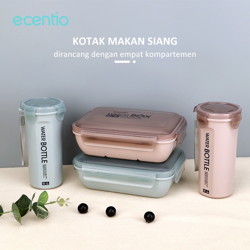 ecentio tempat makan set/ 1100ml 4 grid Kotak makan siang dengan botol air 500ml/tempat makan siang portabel anti bocor lunch box set